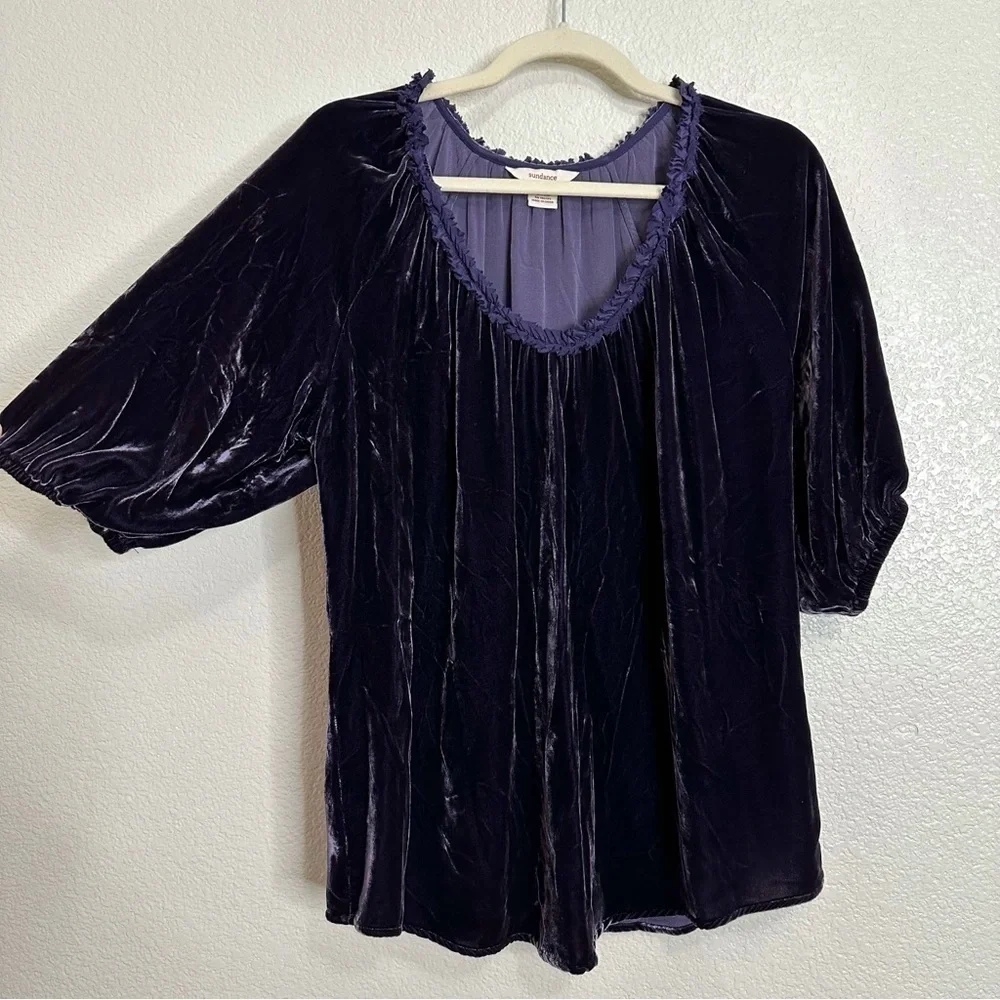 Sundance Silk Blend Velvet Deep Purple Balloon Sleeves Tunic Top, Sz Medium